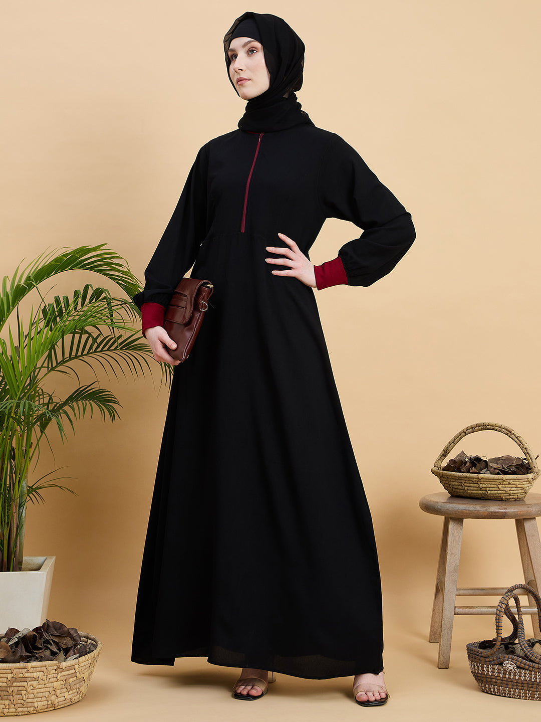 Black Zip Abaya Burqa with Black Georgette Hijab