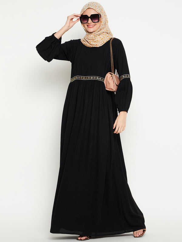 Nabia Women Embroidery Black Solid Abaya Burqa With Black Georgette Scarf
