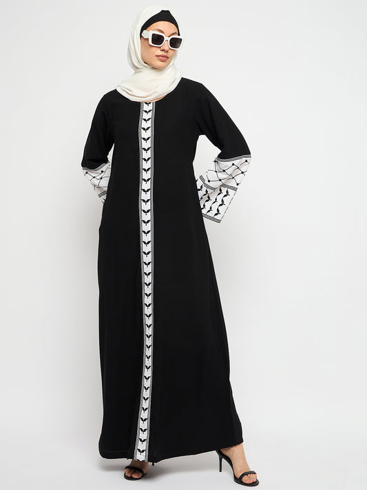 Nabia Kefiyyeh Embroidery Black and White Abaya Burqa with Black Scarf