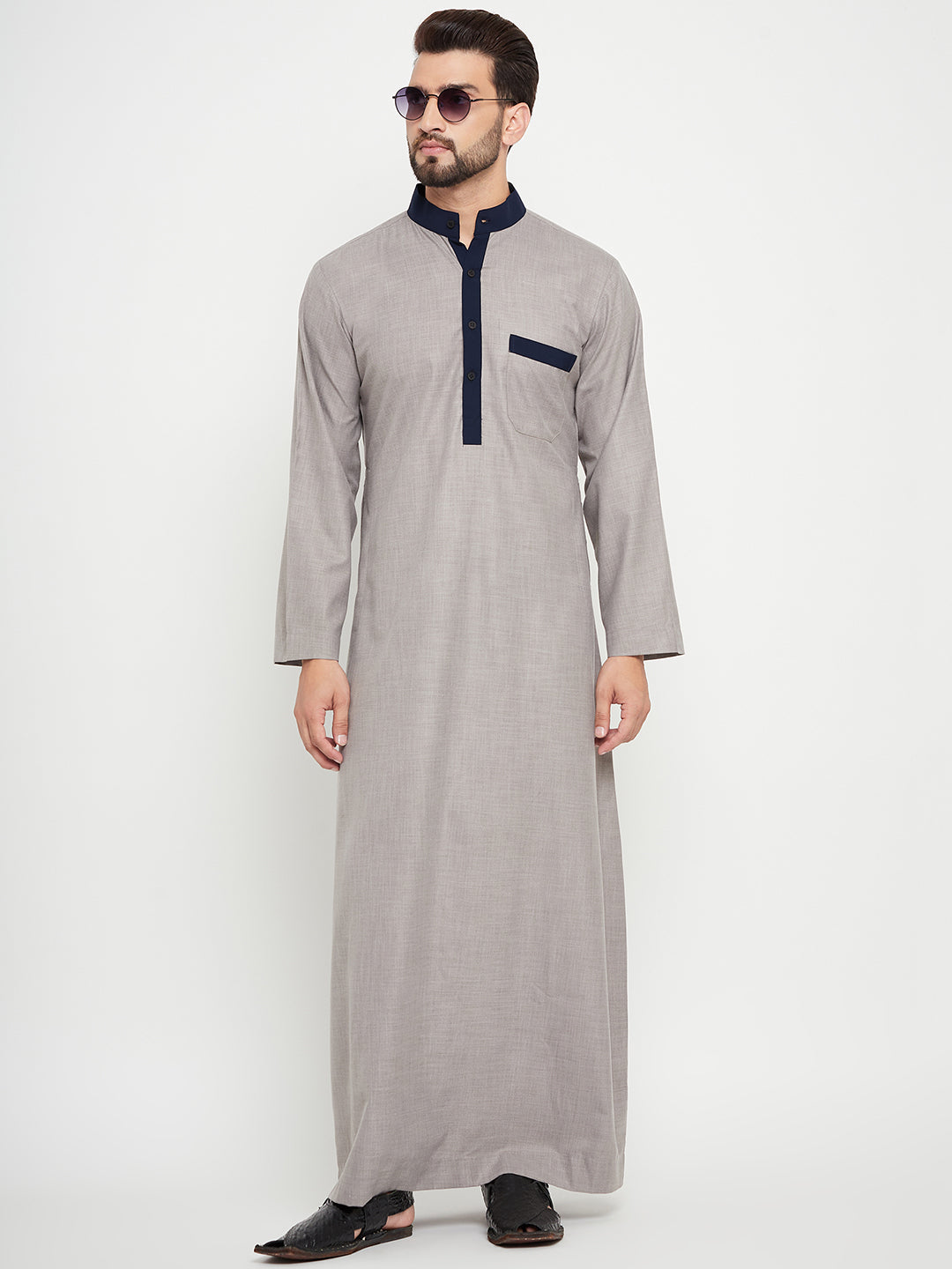 Nabia Grey Solid Thobe/Jubba For Men with Blue Piping Design