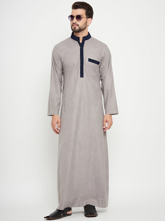 Nabia Grey Solid Thobe/Jubba For Men with Blue Piping Design