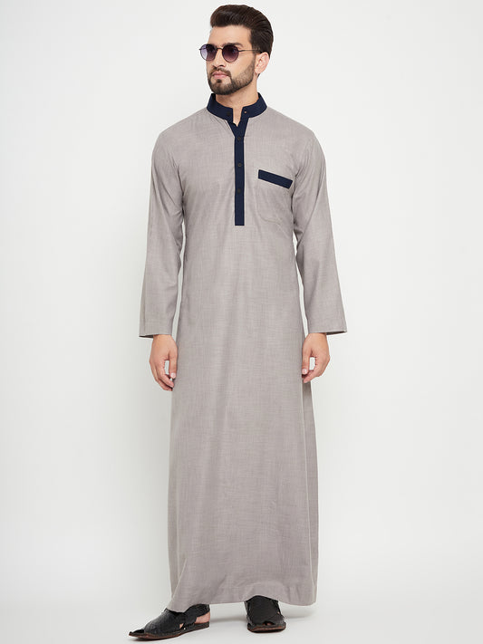 Nabia Grey Solid Band Collar Thobe / Jubba For Men with Blue Piping Design