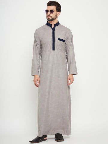 Nabia Grey Solid Band Collar Thobe / Jubba For Men with Blue Piping Design