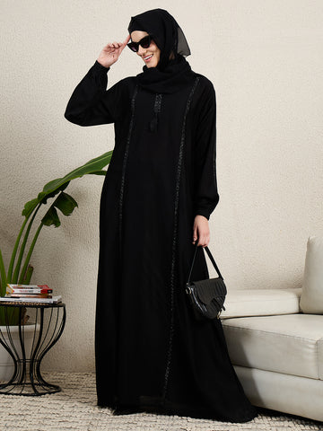 Elegant Black Embroidered Abaya for women with black hijab