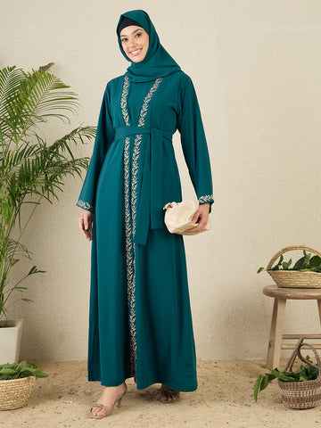 2 Piece Embroidered Green Shrug Set Abaya with Black Hijab