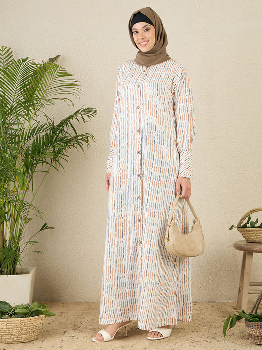 Striped Printed Front Open Abaya with Black Georgette Scarf