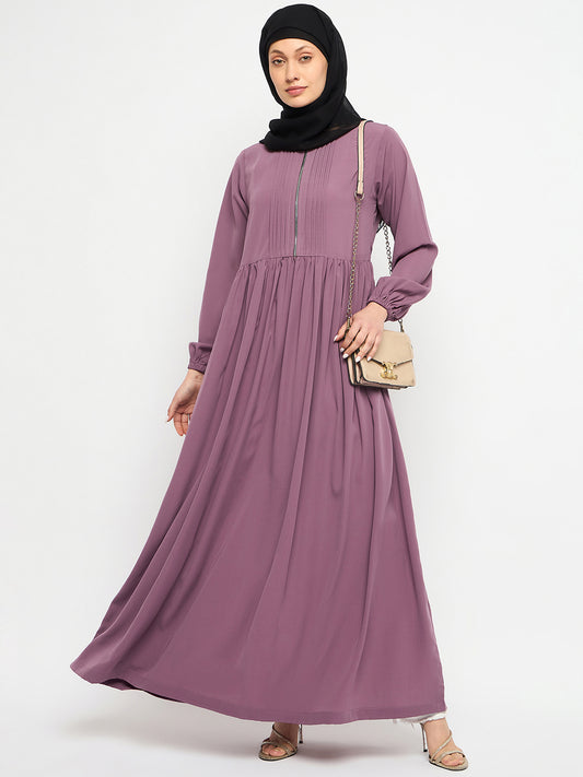 Nabia Zip-Closure Pink Abaya Dress with Black Georgette Scarf