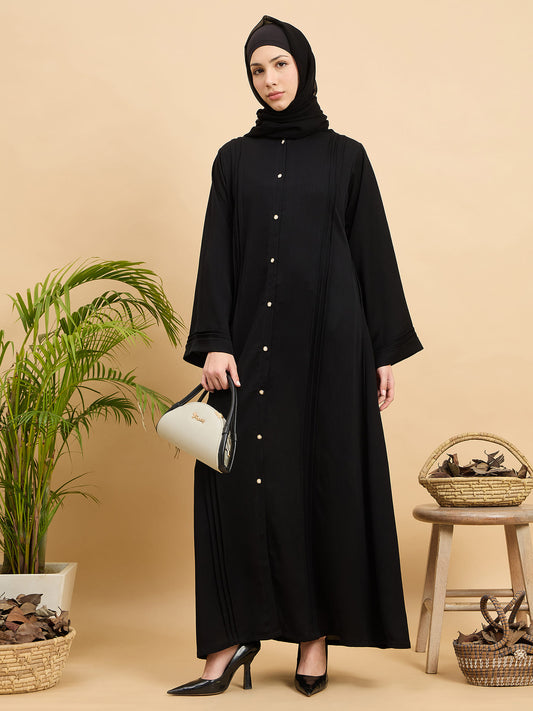 Black Solid Modest Front Open Abaya Burqa with Black Georgette Hijab