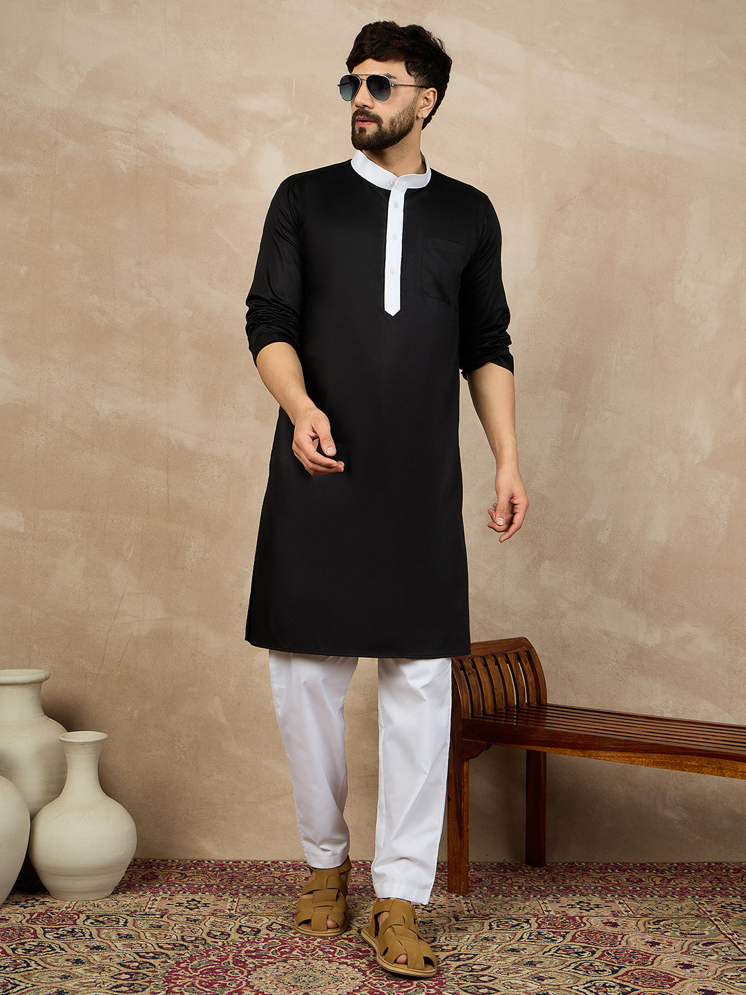 Nabia Black Solid White Piping Details Mandarin Collar Cotton Kurta For Men