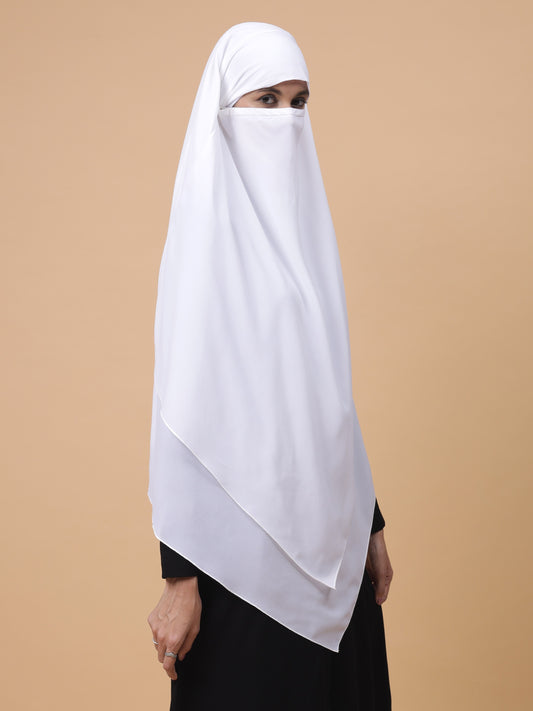 Nabia 2 Layer Solid Diamond Georgette White Khimar Hijab