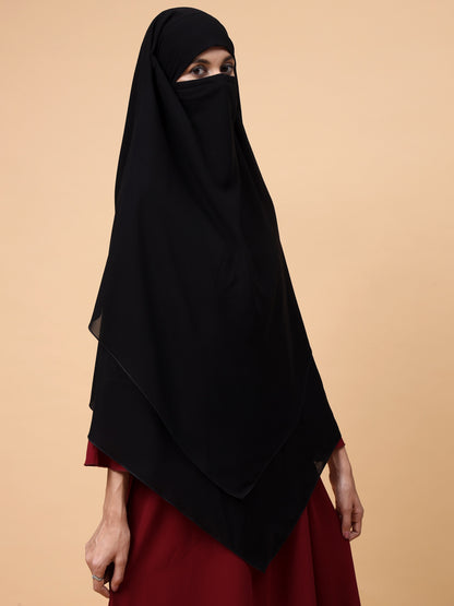 Nabia  2 Layer Solid Diamond Georgette Black Khimar Hijab
