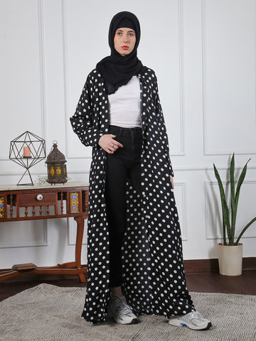 Nabia Women Black Polka Dot Printed Front Open Abaya Burqa With Black Georgette Scarf