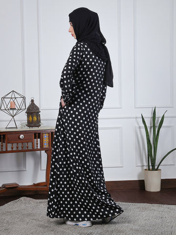 Nabia Women Black Polka Dot Printed Front Open Abaya Burqa With Black Georgette Scarf