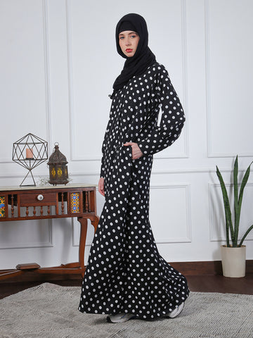 Nabia Women Black Polka Dot Printed Front Open Abaya Burqa With Black Georgette Scarf