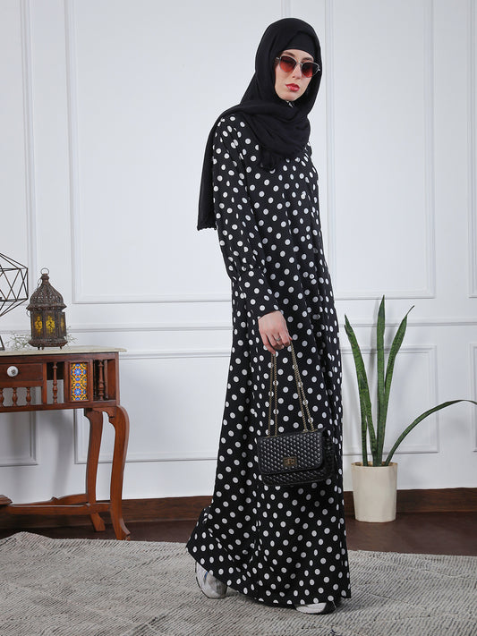 Nabia Polka Dot Front Open Abaya with Black Georgette Scarf