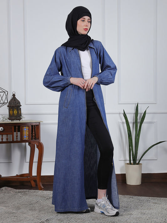 Nabia Front Open Zip-Closure Denim Abaya with Black Georgette Scarf