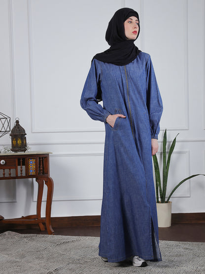 Nabia Front Open Zip-Closure Denim Abaya with Black Georgette Scarf