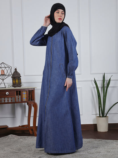 Nabia Front Open Zip-Closure Denim Abaya with Black Georgette Scarf