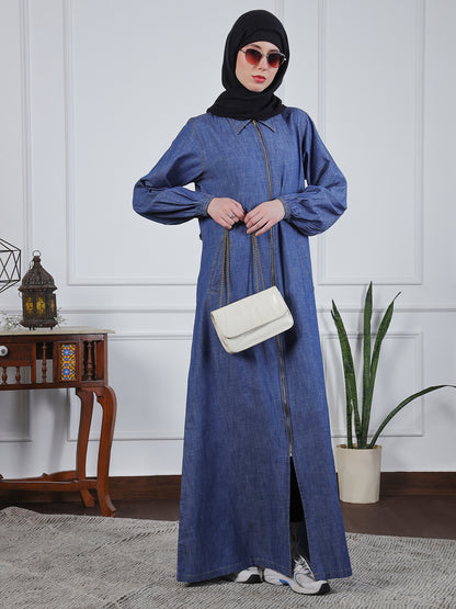 Nabia Front Open Zip-Closure Denim Abaya with Black Georgette Scarf