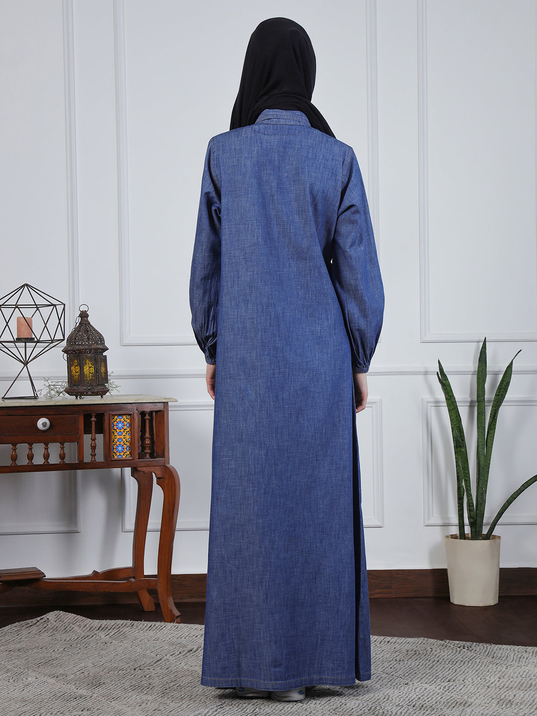 Nabia Front Open Zip-Closure Denim Abaya with Black Georgette Scarf