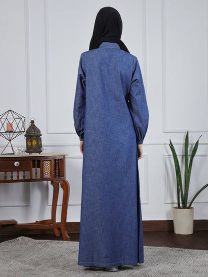 Nabia Front Open Zip-Closure Denim Abaya with Black Georgette Scarf