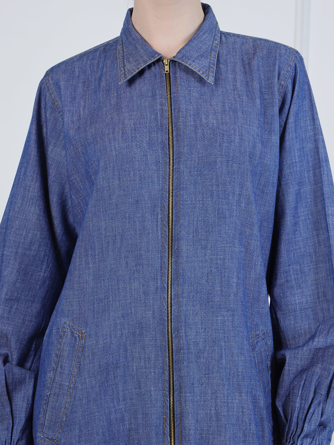 Nabia Front Open Zip-Closure Denim Abaya with Black Georgette Scarf