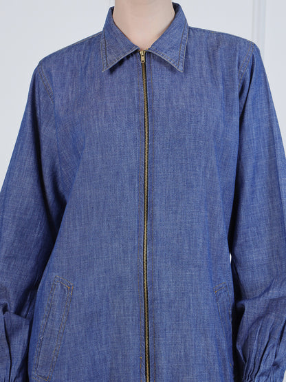 Nabia Front Open Zip-Closure Denim Abaya with Black Georgette Scarf