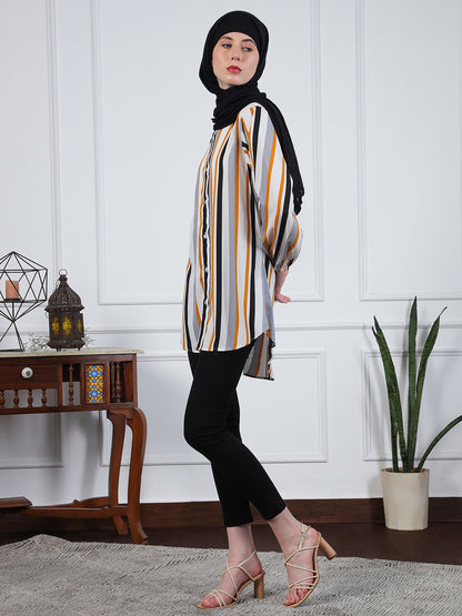 Nabia Multi-Color Front Open Striped Modest Shirt for Women