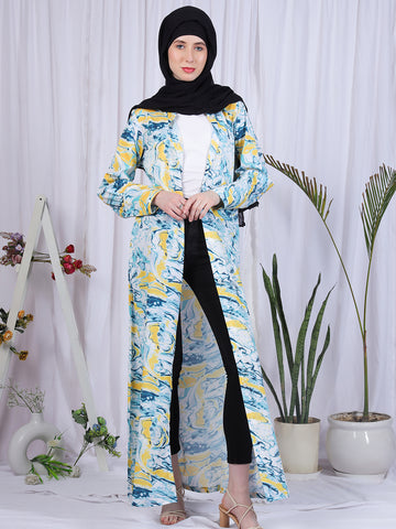 Multi-Color Printed Front Open Abaya Burqa With Black Georgette Scarf