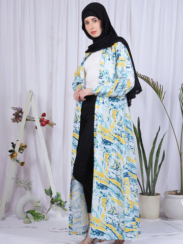 Multi-Color Printed Front Open Abaya Burqa With Black Georgette Scarf