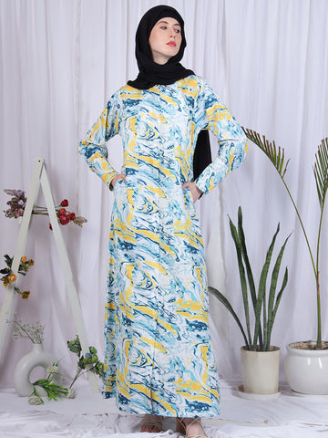 Multi-Color Printed Front Open Abaya Burqa With Black Georgette Scarf