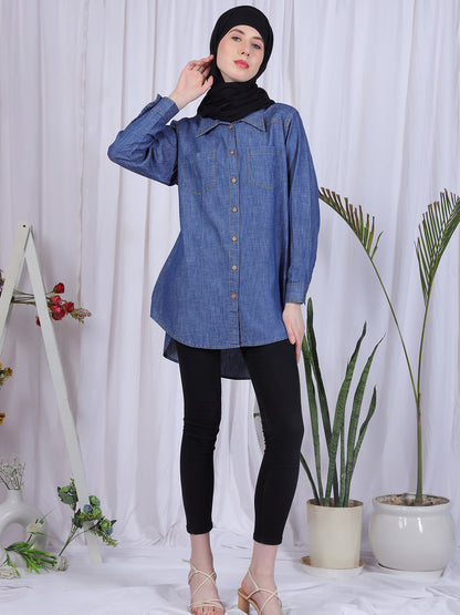Blue Denim Front Open Modest Shirt For Women