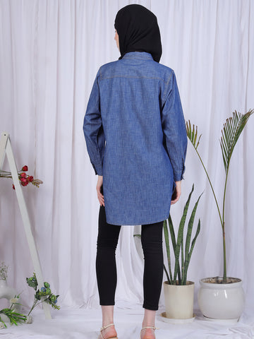 Blue Denim Front Open Modest Shirt For Women