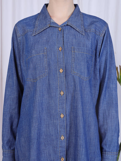Blue Denim Front Open Modest Shirt For Women