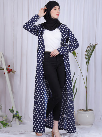 Nabia Women Blue Polka Dot Printed Front Open Abaya Burqa With Black Georgette Scarf