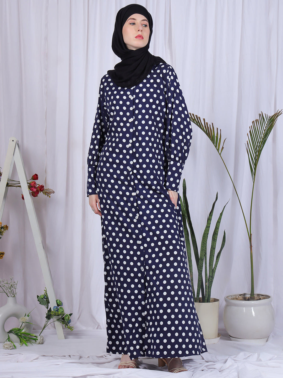 Nabia Polka Dot Printed Front Open Abaya with Black Georgette Scarf