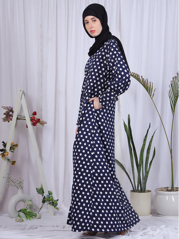 Nabia Women Blue Polka Dot Printed Front Open Abaya Burqa With Black Georgette Scarf