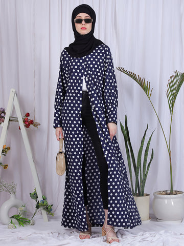 Nabia Women Blue Polka Dot Printed Front Open Abaya Burqa With Black Georgette Scarf