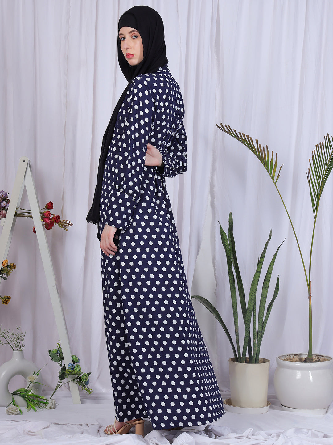 Nabia Women Blue Polka Dot Printed Front Open Abaya Burqa With Black Georgette Scarf