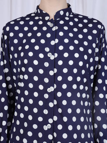 Nabia Women Blue Polka Dot Printed Front Open Abaya Burqa With Black Georgette Scarf