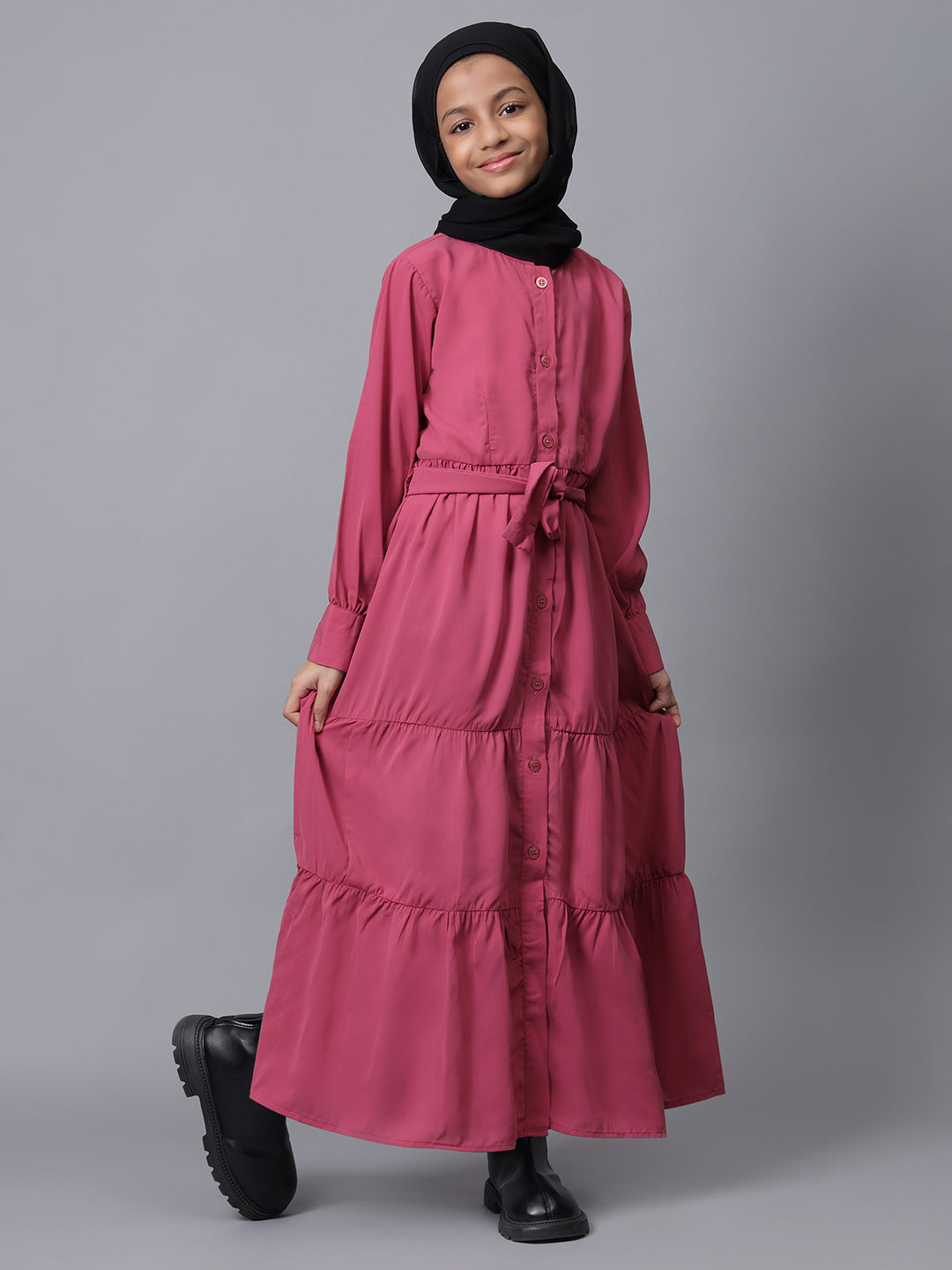 Nabia Pink Solid Front Open Frilled Modest Kids Abaya For Girls