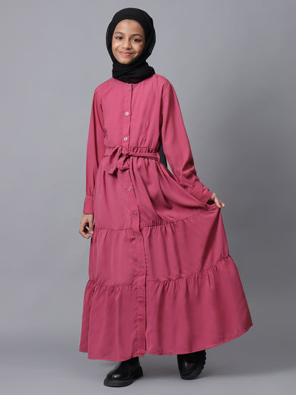Nabia Pink Solid Front Open Frilled Modest Kids Abaya For Girls