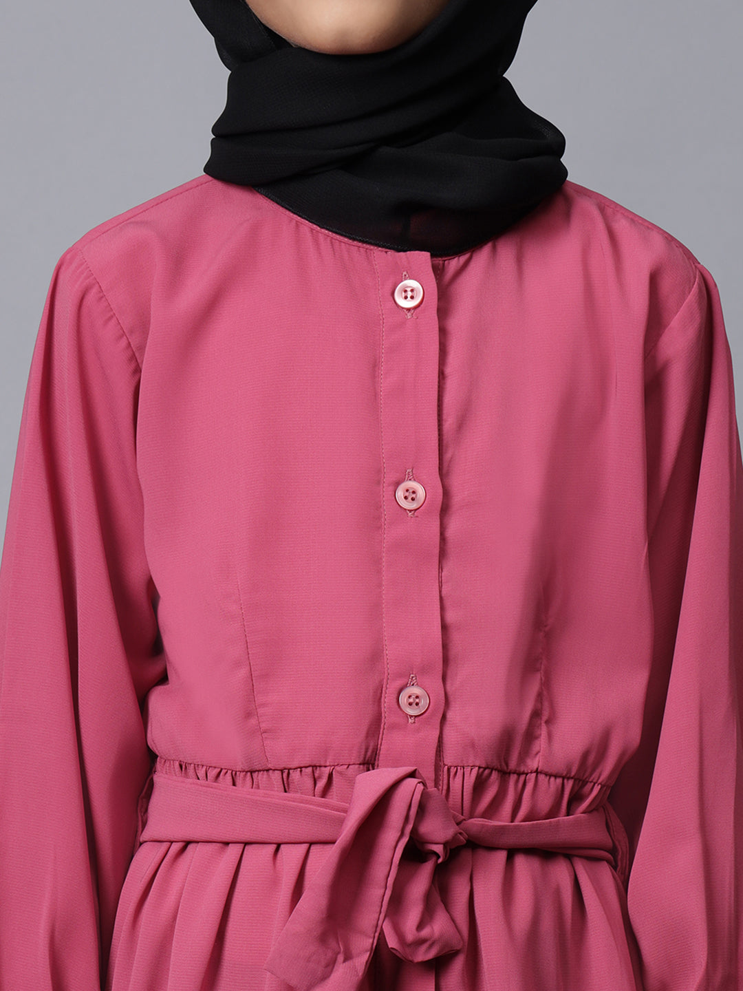 Nabia Pink Solid Front Open Frilled Modest Kids Abaya For Girls