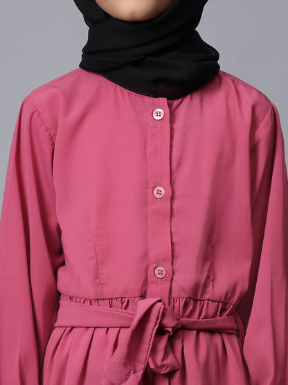 Nabia Pink Solid Front Open Frilled Modest Kids Abaya For Girls