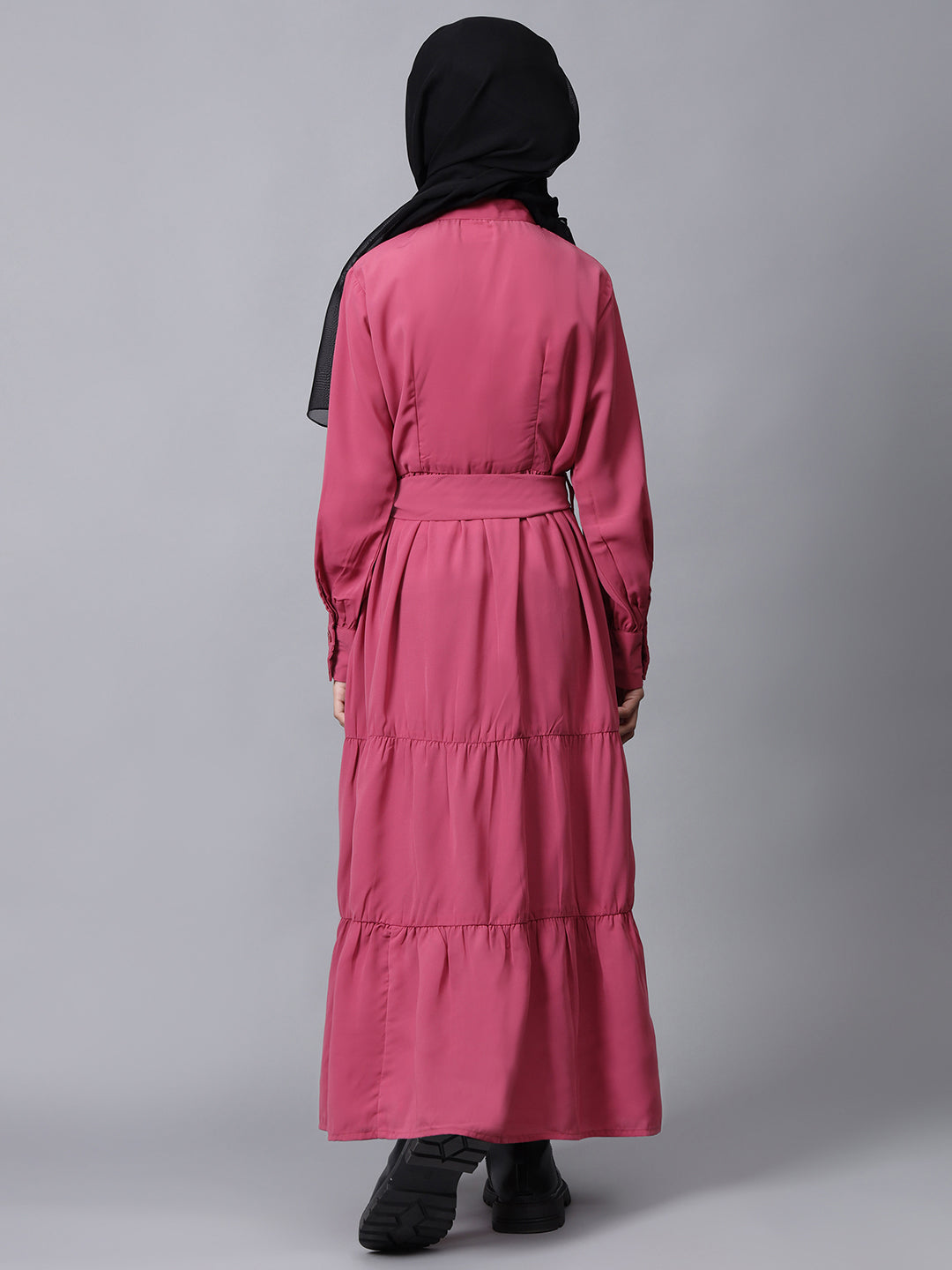 Nabia Pink Solid Front Open Frilled Modest Kids Abaya For Girls
