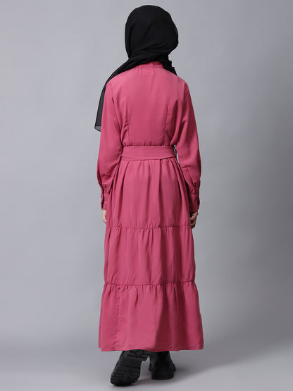 Nabia Pink Solid Front Open Frilled Modest Kids Abaya For Girls