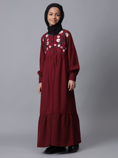 Embroidery Details Solid Maroon Modest Kids Abaya For Girls