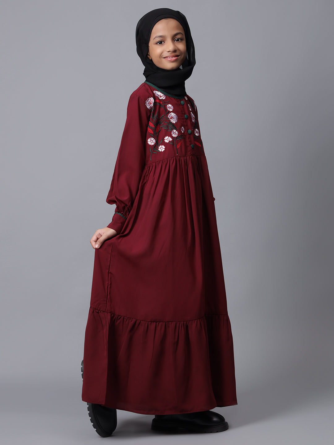 Embroidery Details Solid Maroon Modest Kids Abaya For Girls