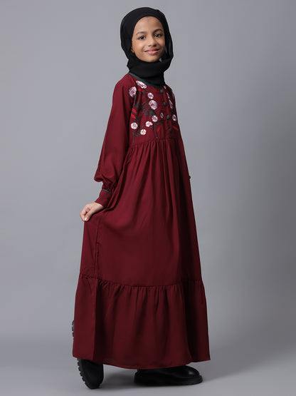Embroidery Details Solid Maroon Modest Kids Abaya For Girls