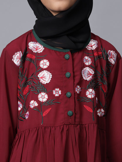 Embroidery Details Solid Maroon Modest Kids Abaya For Girls